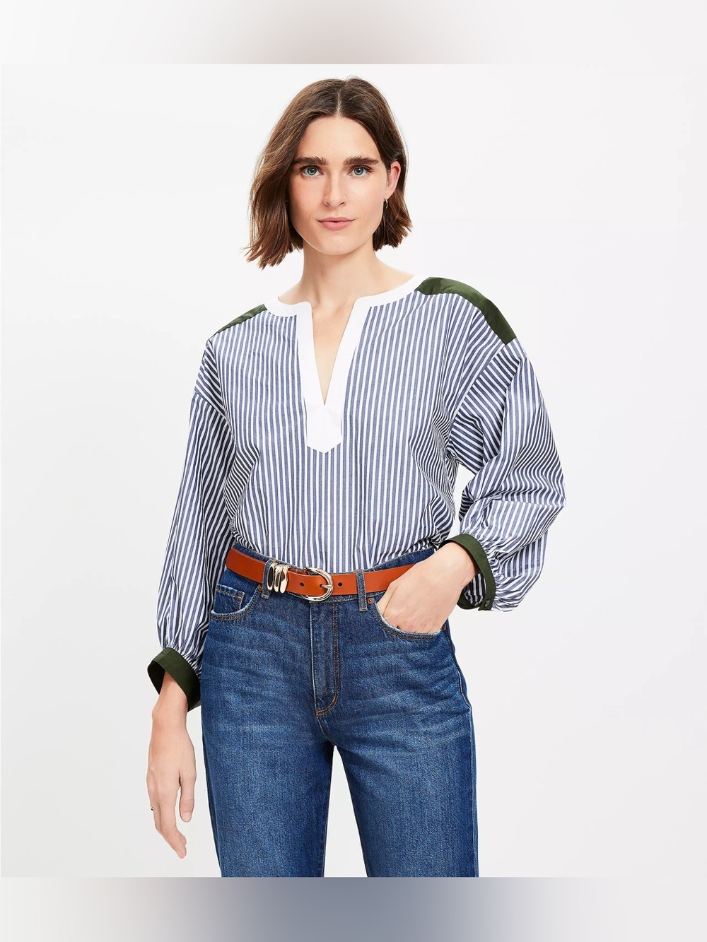 Ann Taylor LOFT Striped Colorblock Poplin Bishop‎ Sleeve Blouse Preppy Coastal L